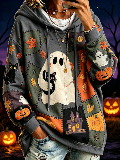 Women's Halloween Pattern Color Block Printed Causal Hoodie