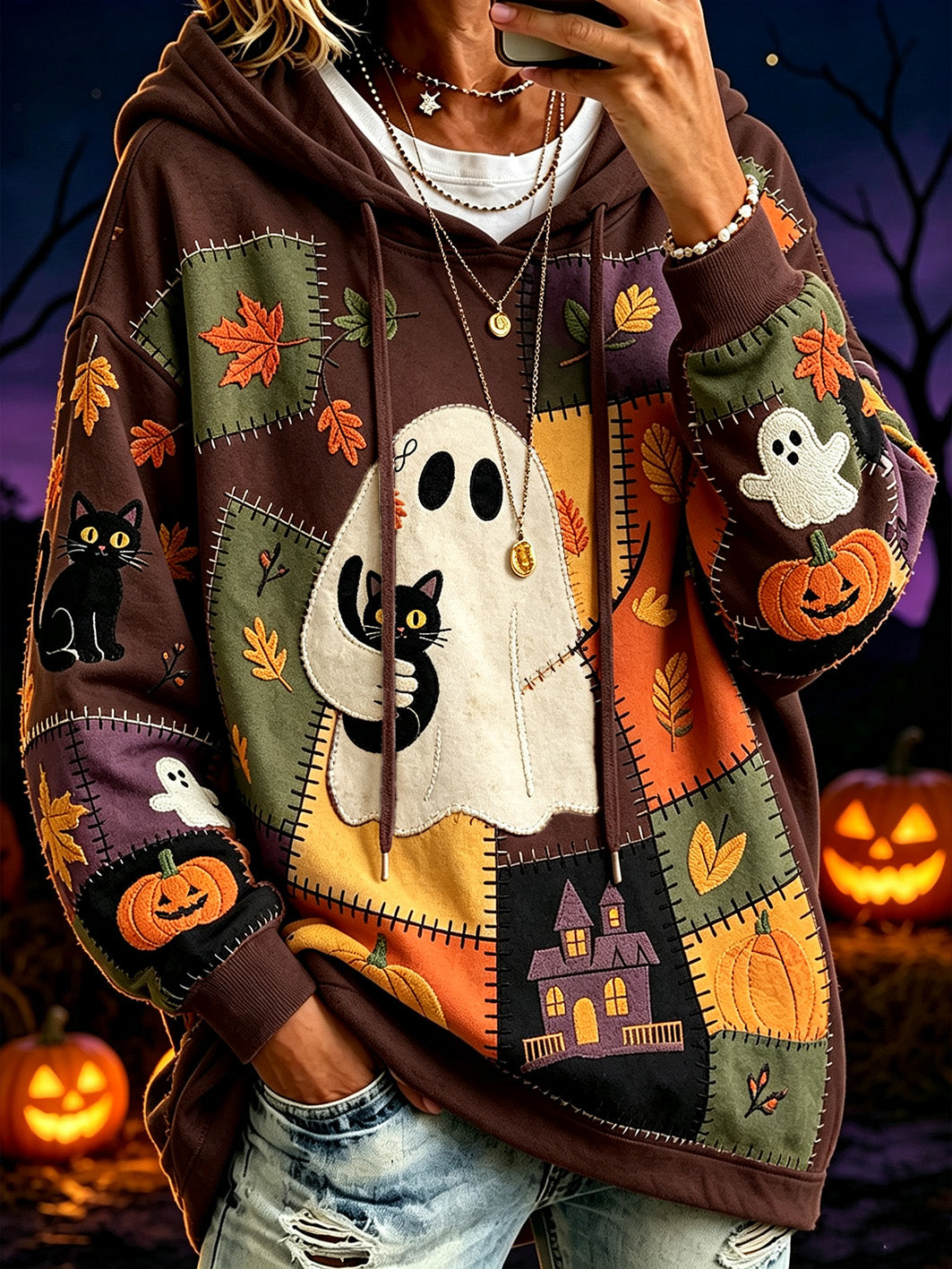 Women's Halloween Pattern Color Block Printed Causal Hoodie