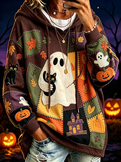 Women's Halloween Pattern Color Block Printed Causal Hoodie