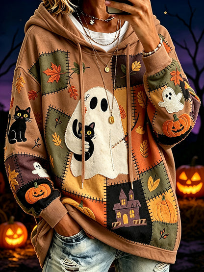 Women's Halloween Pattern Color Block Printed Causal Hoodie