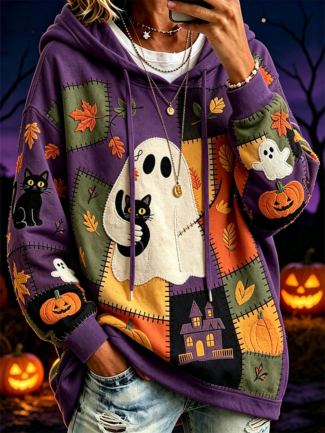 Women's Halloween Pattern Color Block Printed Causal Hoodie