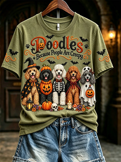 Women's Vintage Poodles Because People Are Creepy Halloween Print Short-sleeved T-shirt