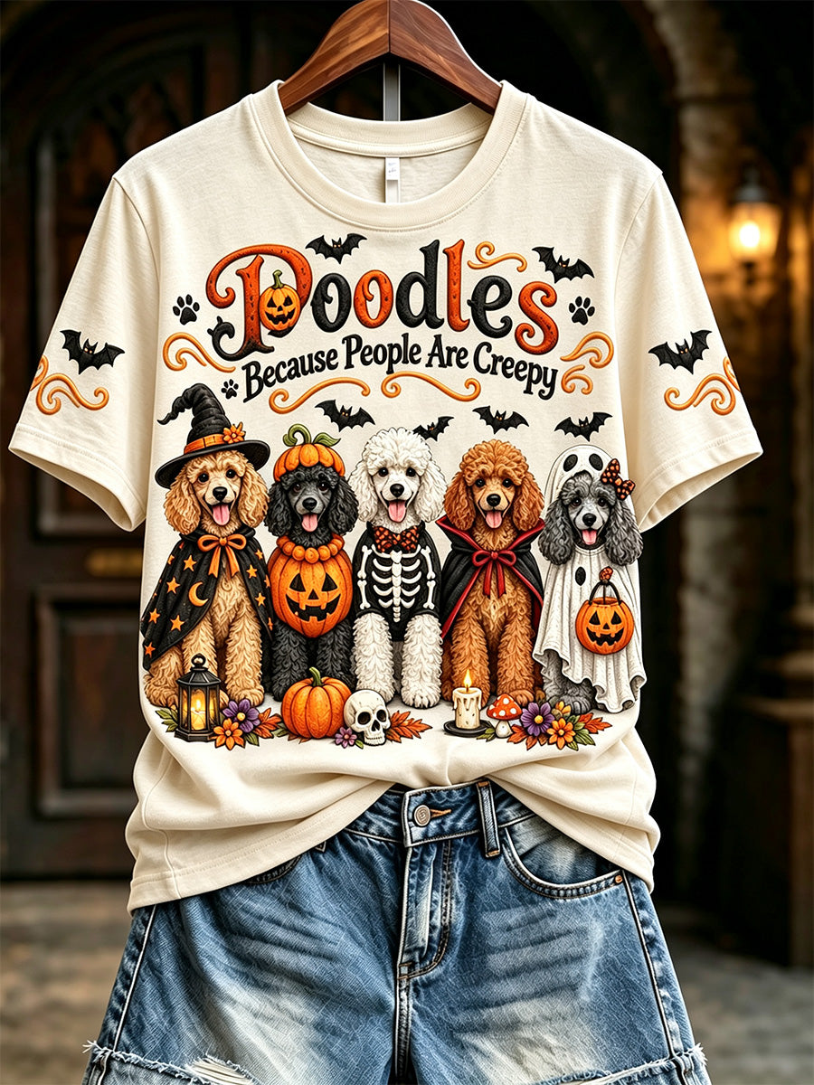 Women's Vintage Poodles Because People Are Creepy Halloween Print Short-sleeved T-shirt