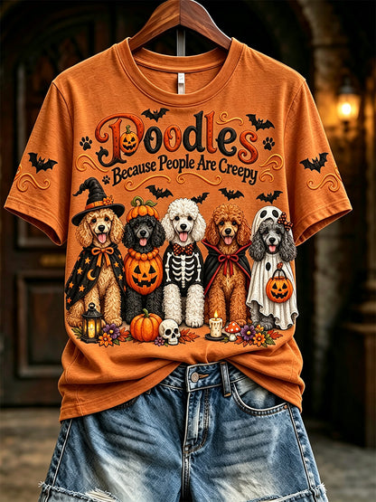 Women's Vintage Poodles Because People Are Creepy Halloween Print Short-sleeved T-shirt