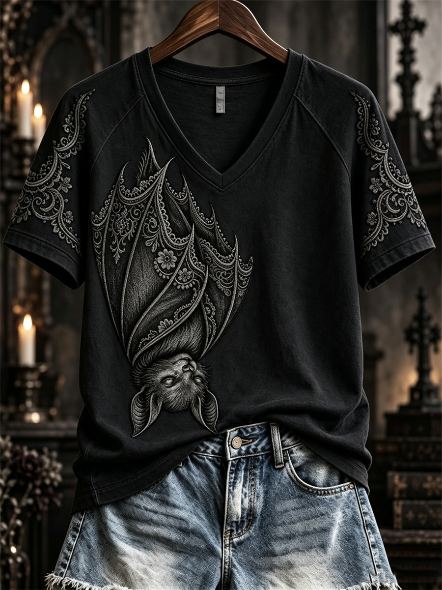 Women's Halloween Gothic Lace Bat Art Print short-sleeved T-shirt