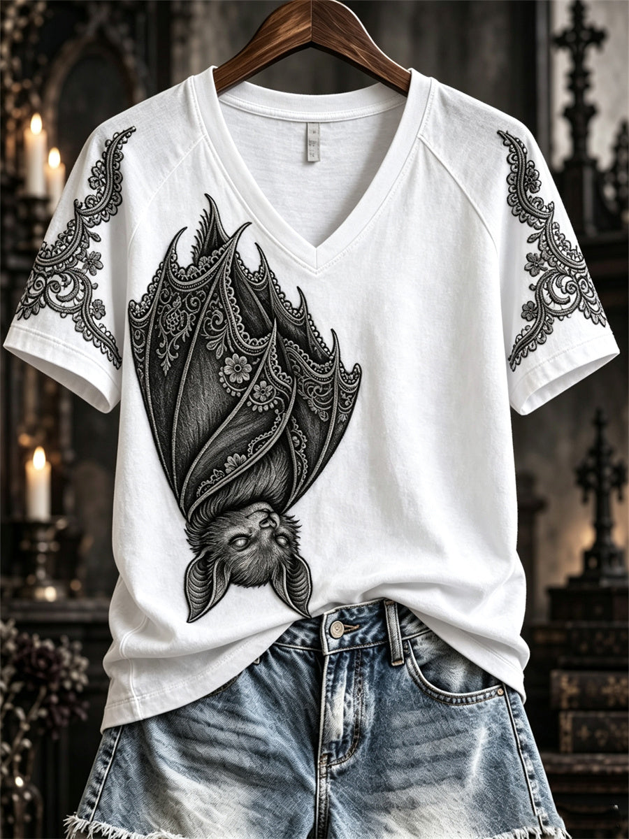 Women's Halloween Gothic Lace Bat Art Print short-sleeved T-shirt