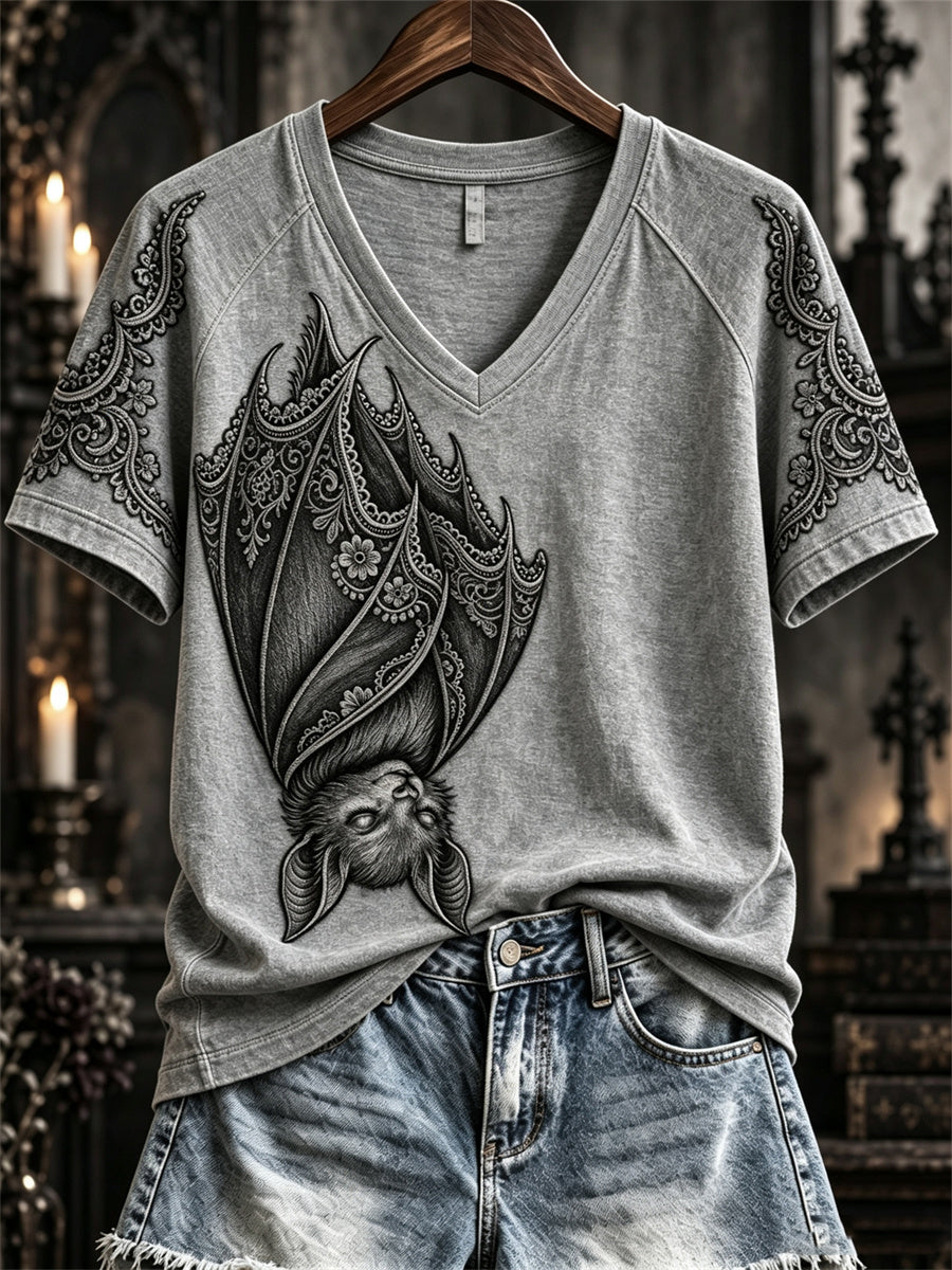 Women's Halloween Gothic Lace Bat Art Print short-sleeved T-shirt