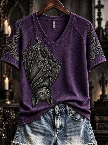 Women's Halloween Gothic Lace Bat Art Print short-sleeved T-shirt