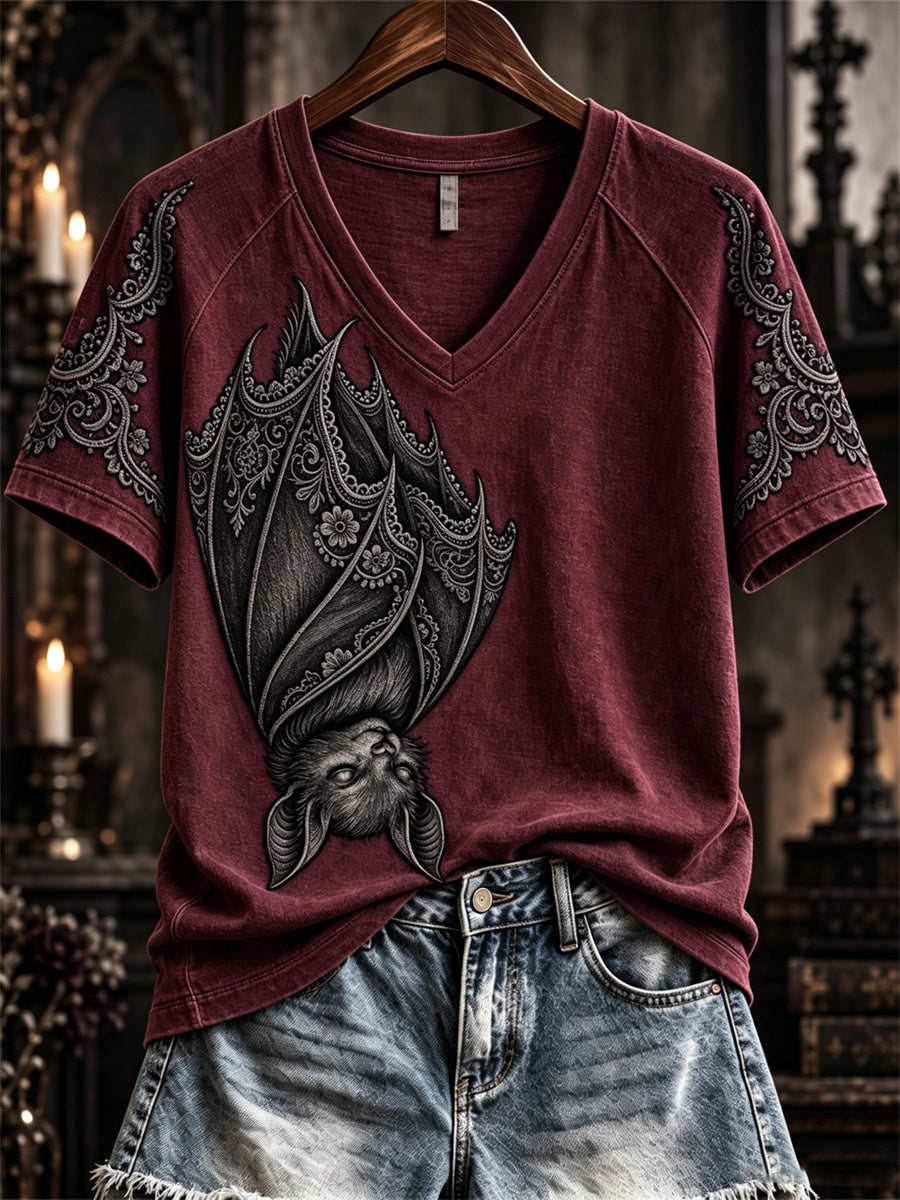 Women's Halloween Gothic Lace Bat Art Print short-sleeved T-shirt