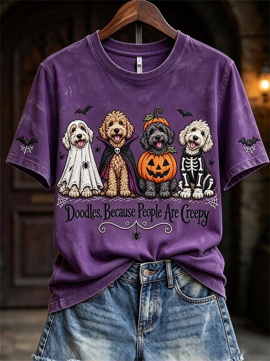 Women's Doodles Because People Are Creepy Halloween Dogs Print short-sleeved T-shirt
