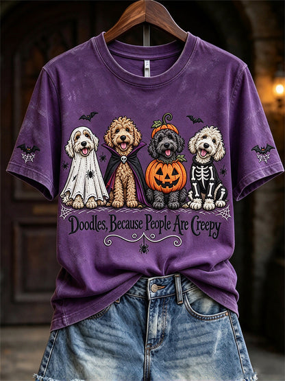 Women's Doodles Because People Are Creepy Halloween Dogs Print short-sleeved T-shirt