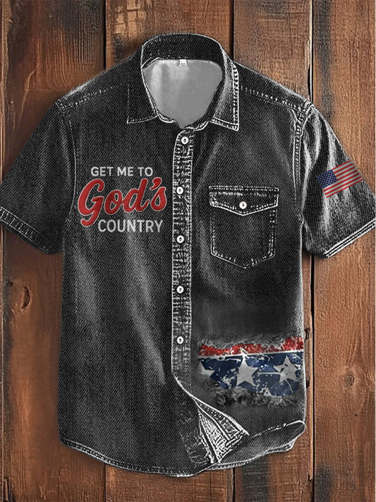 Men'sGet Me To God’s Country Print Casual Short Sleeve Shirt