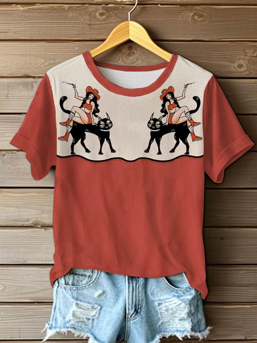 Women's Vintage Western Print Casual T-shirt