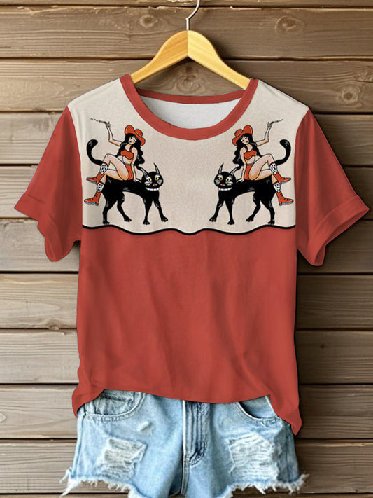 Women's Vintage Western Print Casual T-shirt