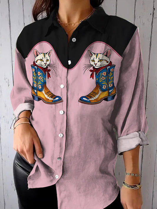 Women's Vintage Western Print Long Sleeve Shirt