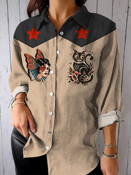 Women's Vintage Western Print Long Sleeve Shirt