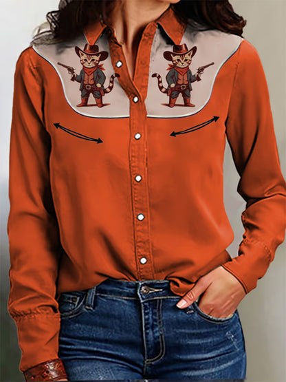 Women's Vintage Western Print Long Sleeve Shirt
