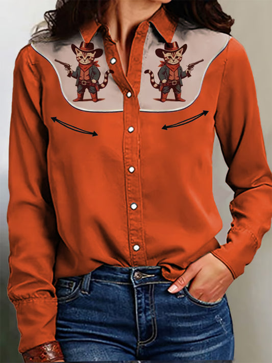 Women's Vintage Western Print Long Sleeve Shirt