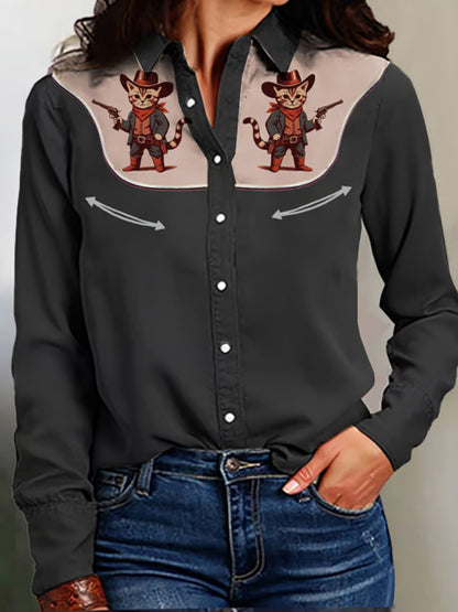 Women's Vintage Western Print Long Sleeve Shirt