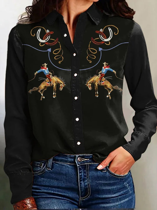 Women's Vintage Western Print Long Sleeve Shirt