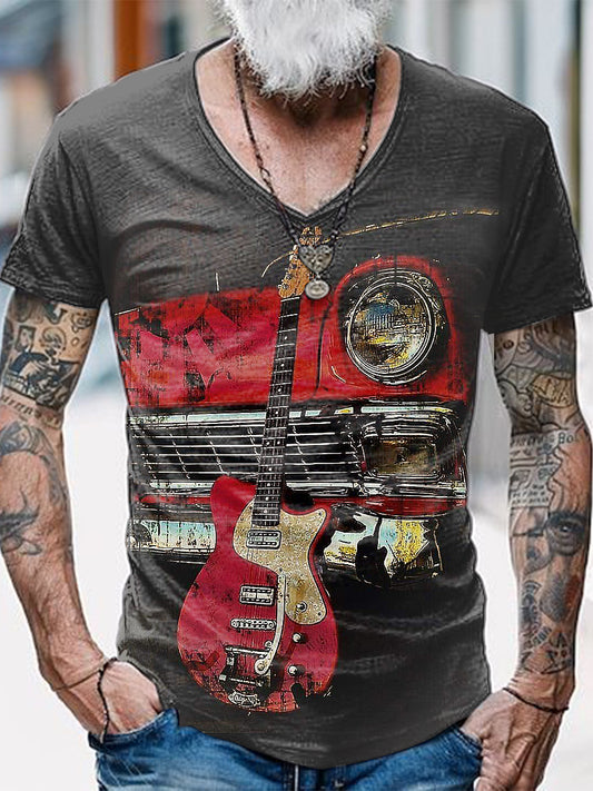 Punk Music Guitar Printed Vintage Fashion Loose V-Neck Short Sleeve T-Shirt