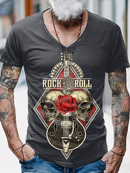 Punk Music Skull Printed Vintage Fashion Loose V-Neck Short Sleeve T-Shirt