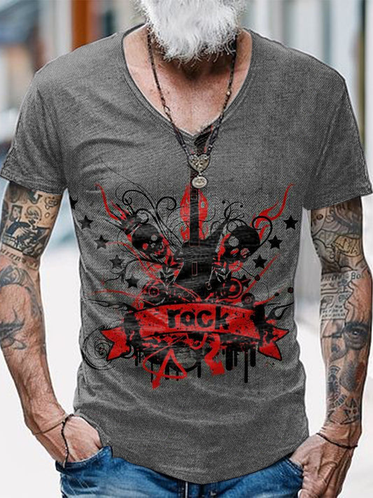 Punk Music Guitar Printed Vintage Fashion Loose V-Neck Short Sleeve T-Shirt