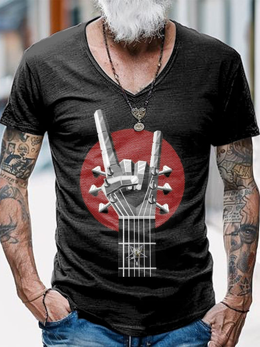 Punk Music Guitar Printed Vintage Fashion Loose V-Neck Short Sleeve T-Shirt
