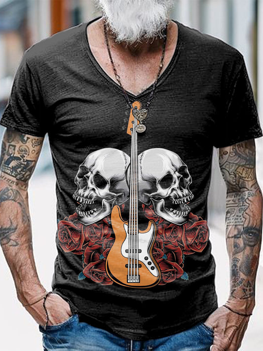 Punk Music Guitar Skull Printed Vintage Fashion Loose V-Neck Short Sleeve T-Shirt