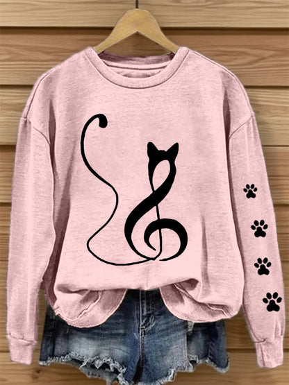 Women's Music Note Inspired Cat Print Sweatshirt