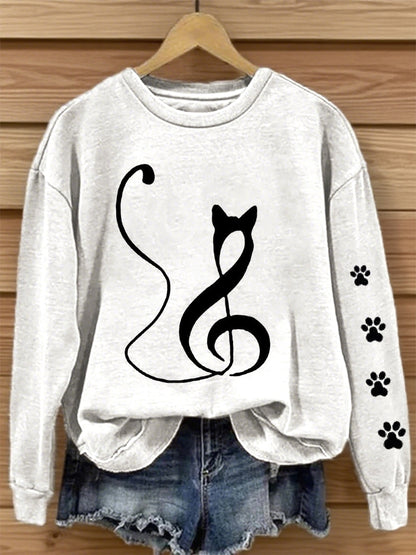 Women's Music Note Inspired Cat Print Sweatshirt
