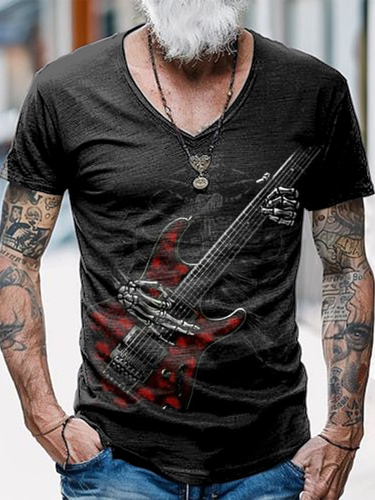 Punk Music Guitar Printed Vintage Fashion Loose V-Neck Short Sleeve T-Shirt