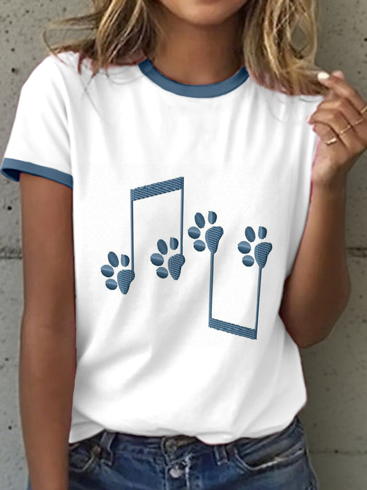 Women's Music Notes Paw Embroidered T-Shirt