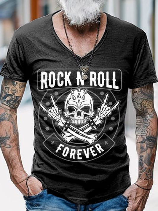 Punk Music Guitar Printed Vintage Fashion Loose V-Neck Short Sleeve T-Shirt