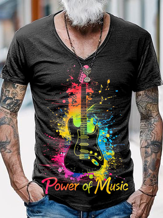 Punk Music Guitar Printed Vintage Fashion Loose V-Neck Short Sleeve T-Shirt
