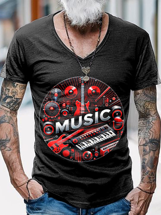 Punk Music Guitar Printed Vintage Fashion Loose V-Neck Short Sleeve T-Shirt