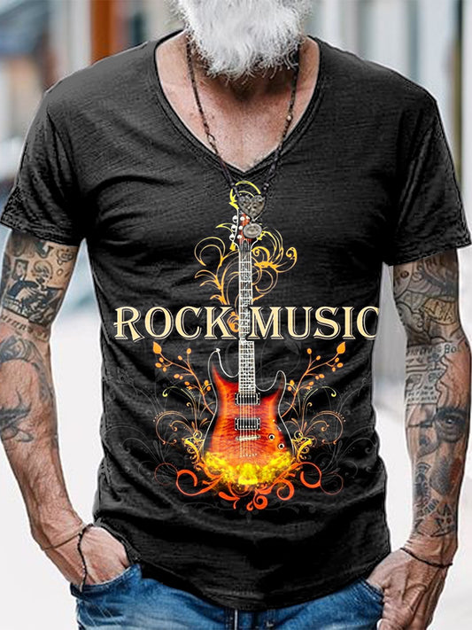 Punk Music Printed Vintage Fashion Loose V-Neck Short Sleeve T-Shirt