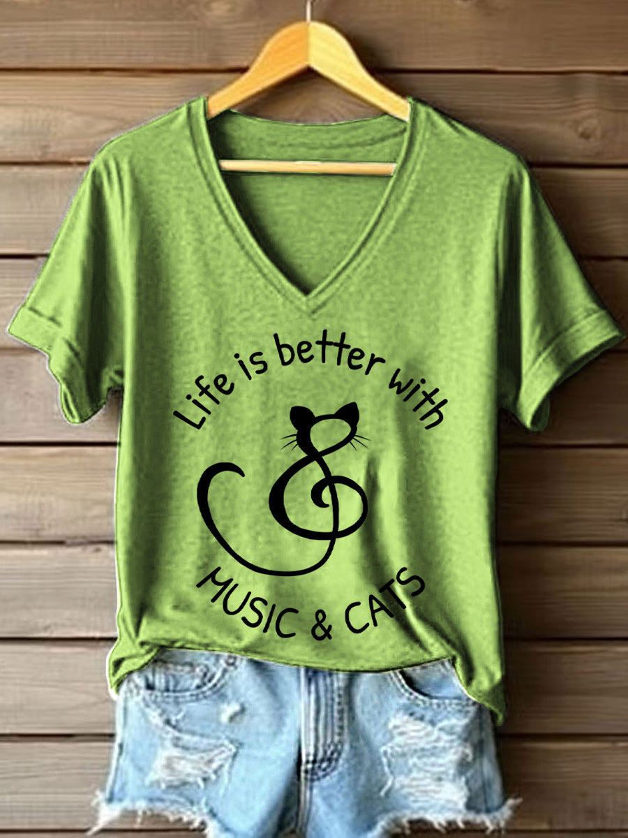 Women's Life Is Better With Music & Cats Print V-Neck T-Shirt