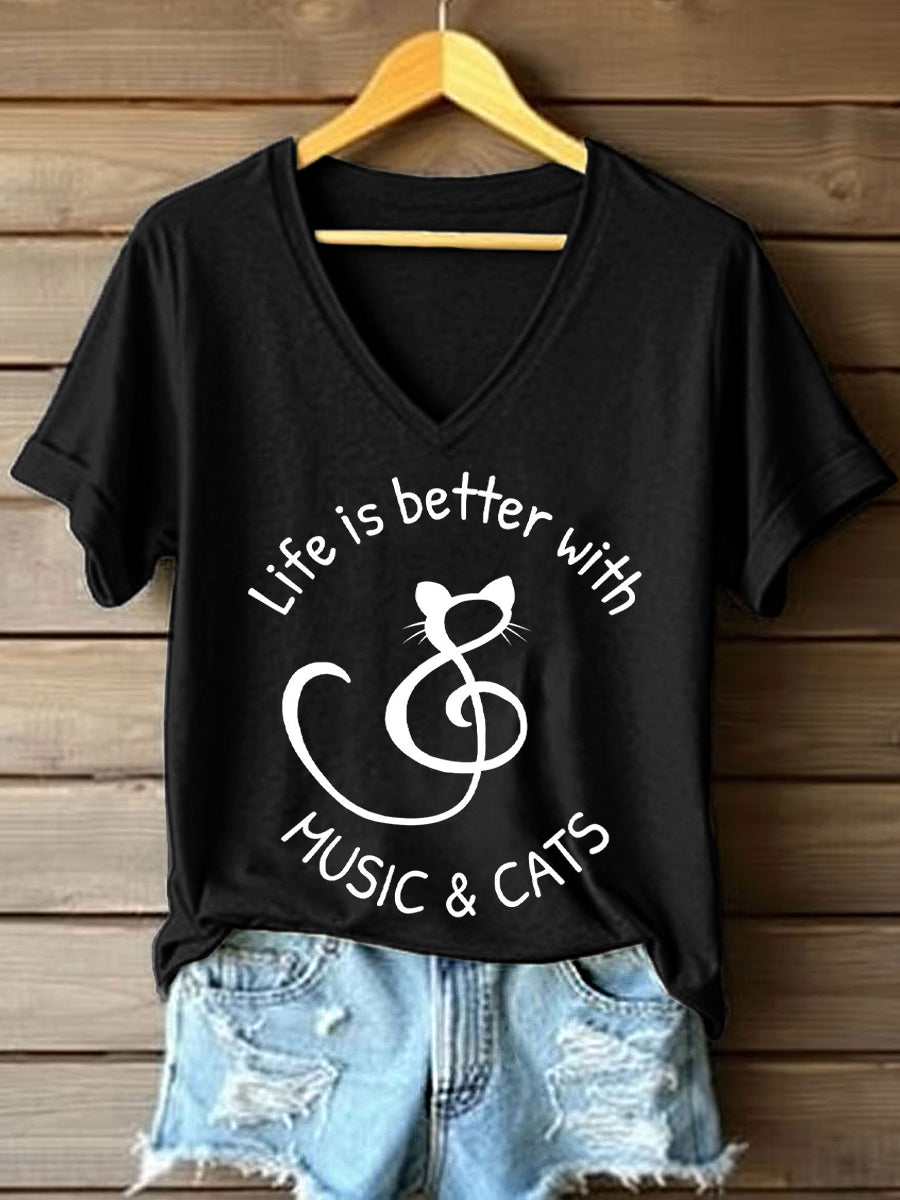 Women's Life Is Better With Music & Cats Print V-Neck T-Shirt