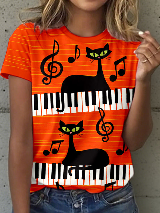 Women's Black Cat and Music Art Print T-Shirt