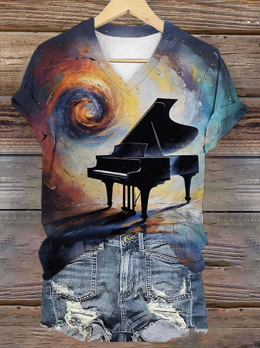 Women's Piano Print V Neck T-Shirt