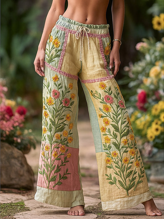 Retro Rural Floral Patchwork Printed Contrast Waist Drawstring Pants