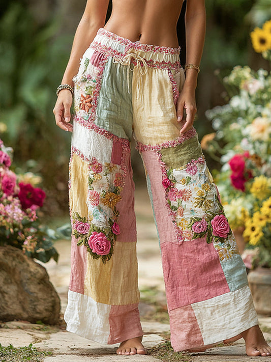 Retro Rural Floral Patchwork Printed Contrast Waist Drawstring Pants