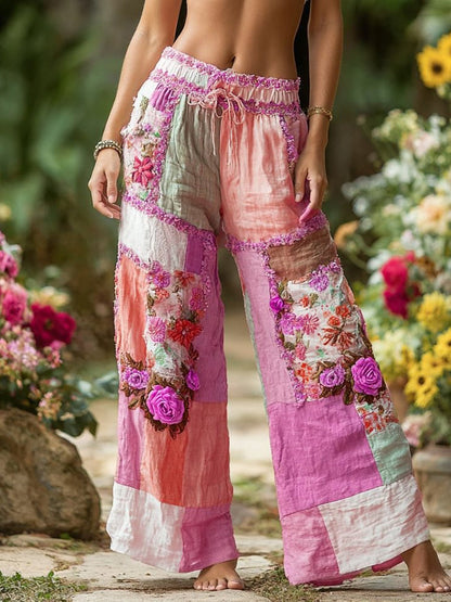 Retro Rural Floral Patchwork Printed Contrast Waist Drawstring Pants