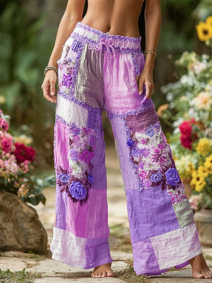 Retro Rural Floral Patchwork Printed Contrast Waist Drawstring Pants