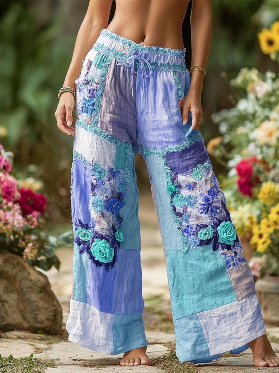 Retro Rural Floral Patchwork Printed Contrast Waist Drawstring Pants