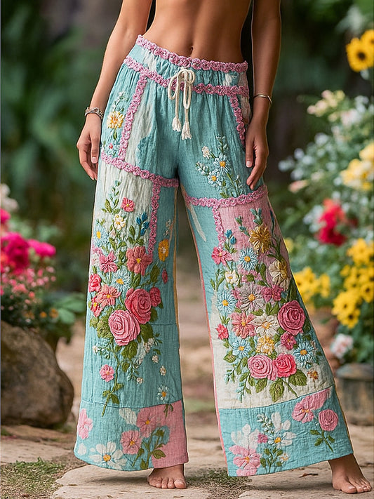 Retro Rural Floral Patchwork Printed Contrast Waist Drawstring Pants