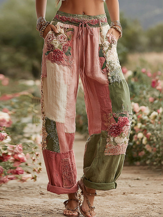Retro Rural Floral Patchwork Printed Contrast Waist Drawstring Pants