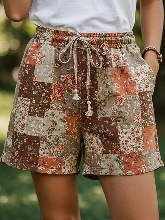 Women's Retro Rural Floral Patchwork Printed Contrast Waist Drawstring Pocket Shorts