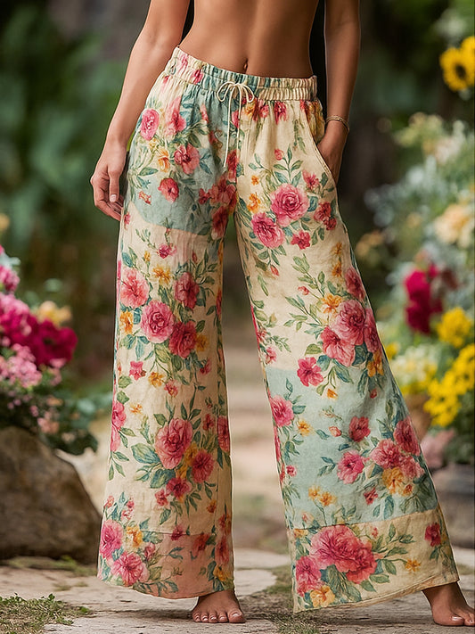 Retro Rural Floral Patchwork Printed Contrast Waist Drawstring Pants